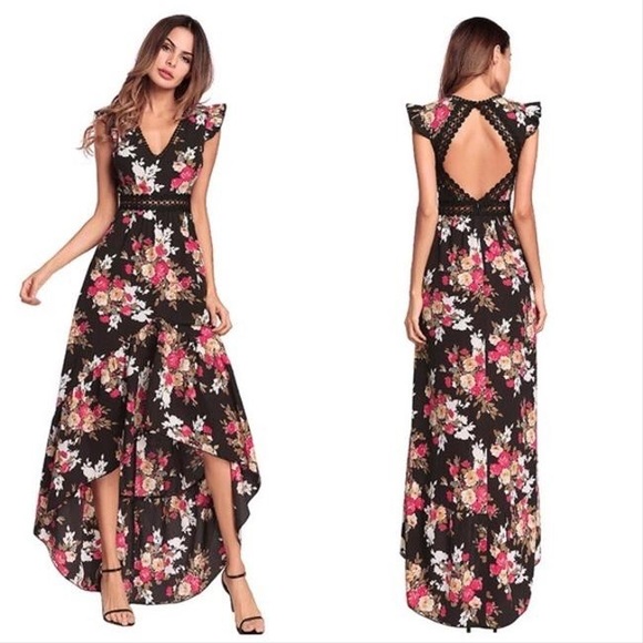 Black Floral Boho High Low Dress With Open Back - Picture 1 of 6